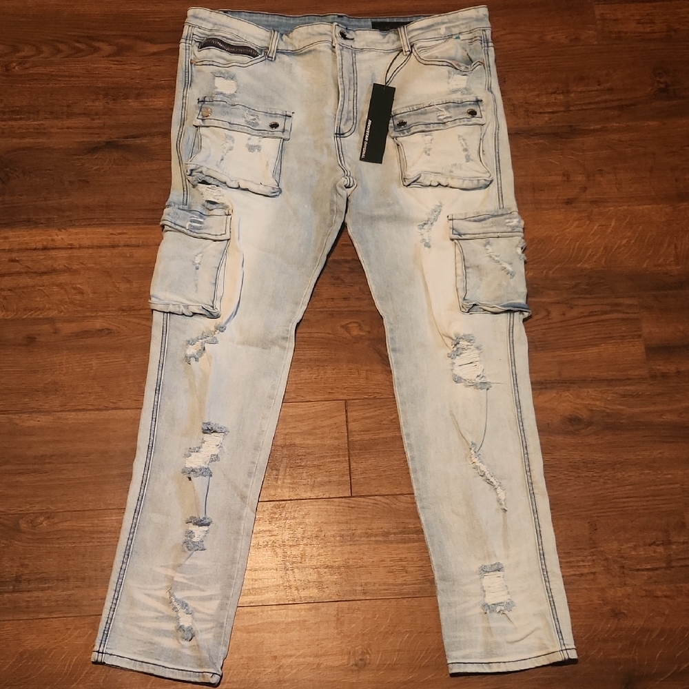 Men ROCKSTAR ORIGINAL Distressed Light Blue Cargo Jeans